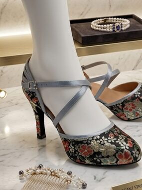 Elegant Black Floral Satin Mary Jane Heels with Silver Straps
